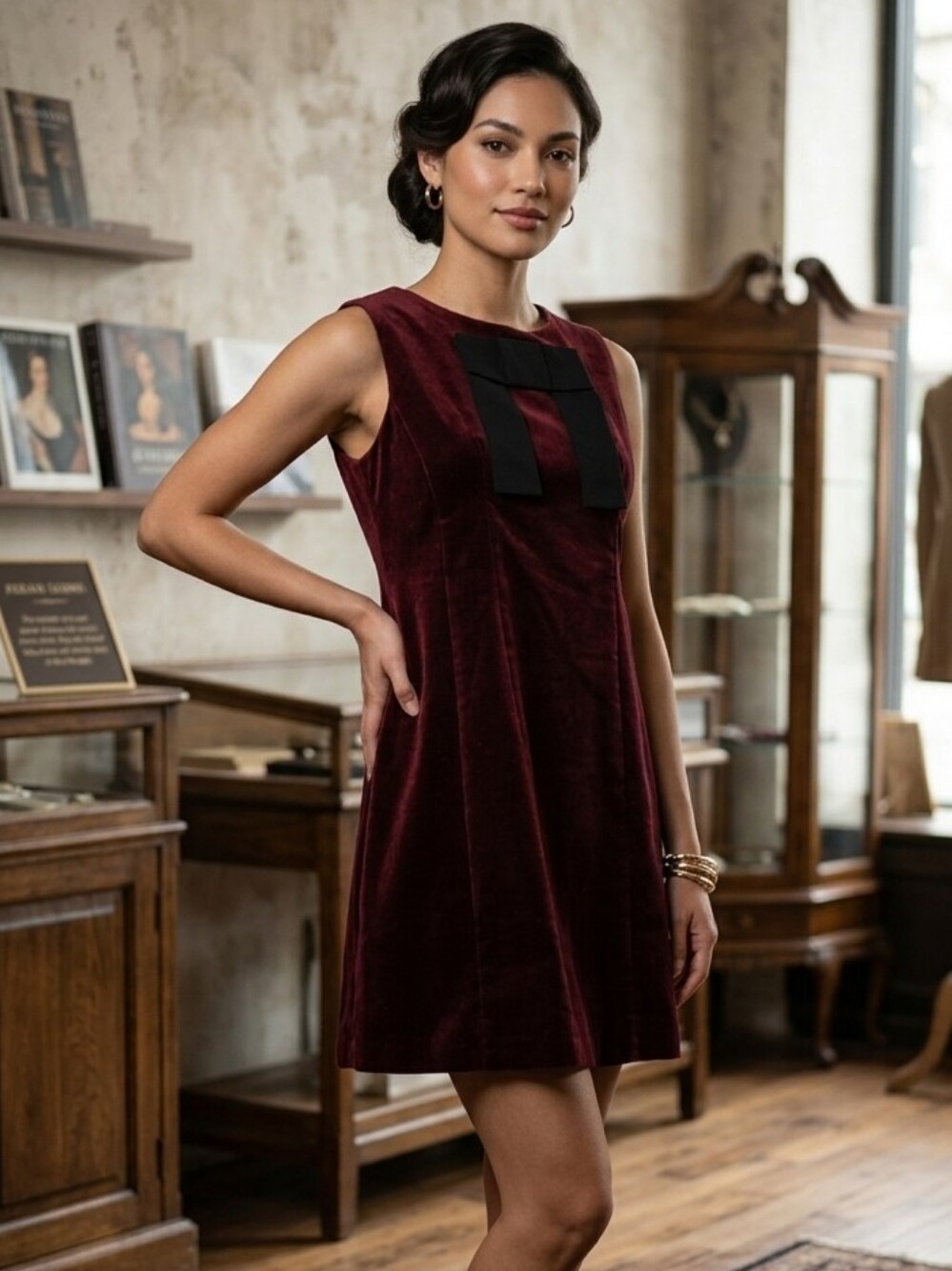 Bow-Accent Velvet Mini Dress in Burgundy